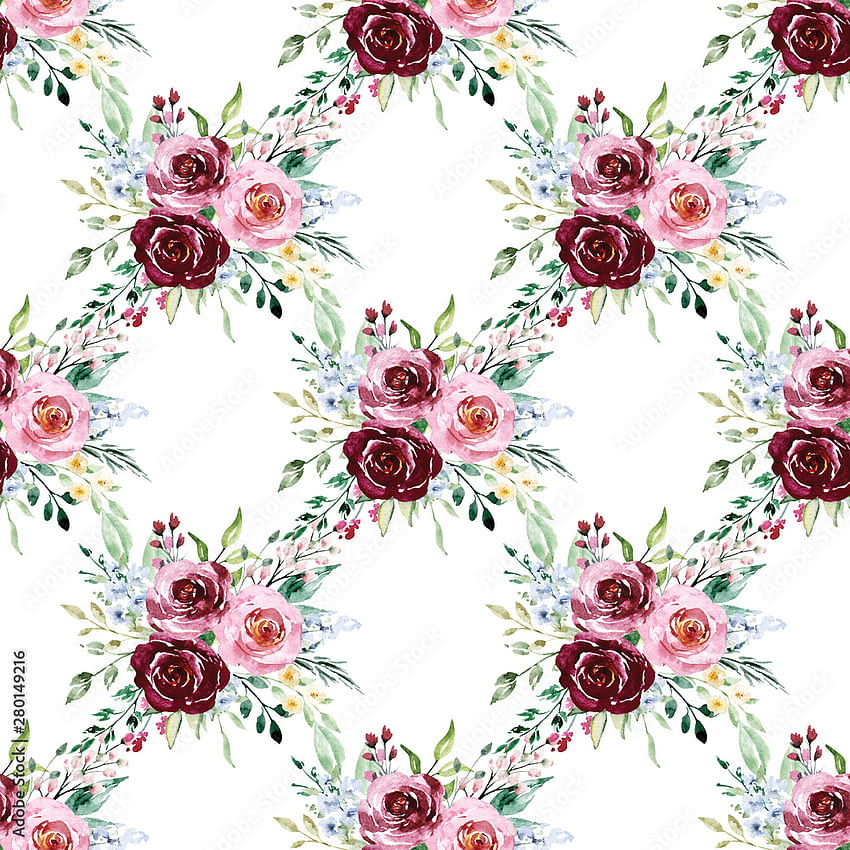 Seamless floral pattern, vintage background with watercolor flowers pink and purple roses, leaves. Repeating fabric print texture. Perfectly for wrapped paper, backdrop. Hand paint. Stock Illustration. Adobe Stock, Pink Watercolor Flowers HD phone wallpaper