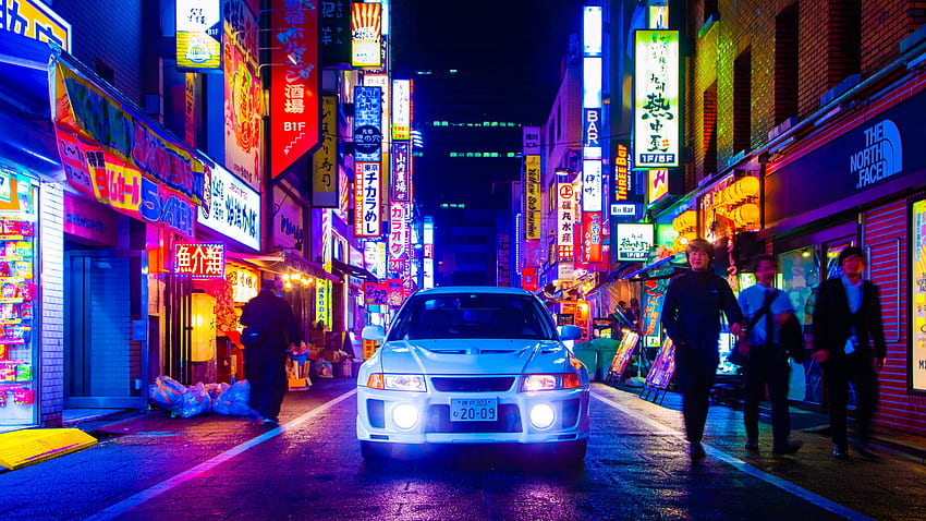 Mitsubishi Lancer Evo V Japan City Неонови нощни фарове JDM Преден изглед Бели автомобили - Резолюция:, JDM Токио HD тапет