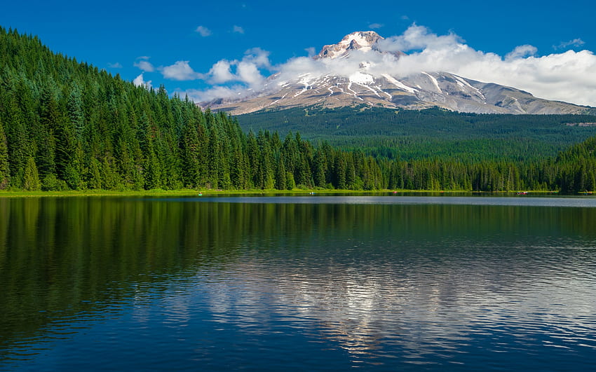 Trillium Lake, Mount Hood, ฤดูใบไม้ผลิ, ทะเลสาบภูเขา, Cascade Range, ภูมิทัศน์ภูเขา, Oregon, USA วอลล์เปเปอร์ HD