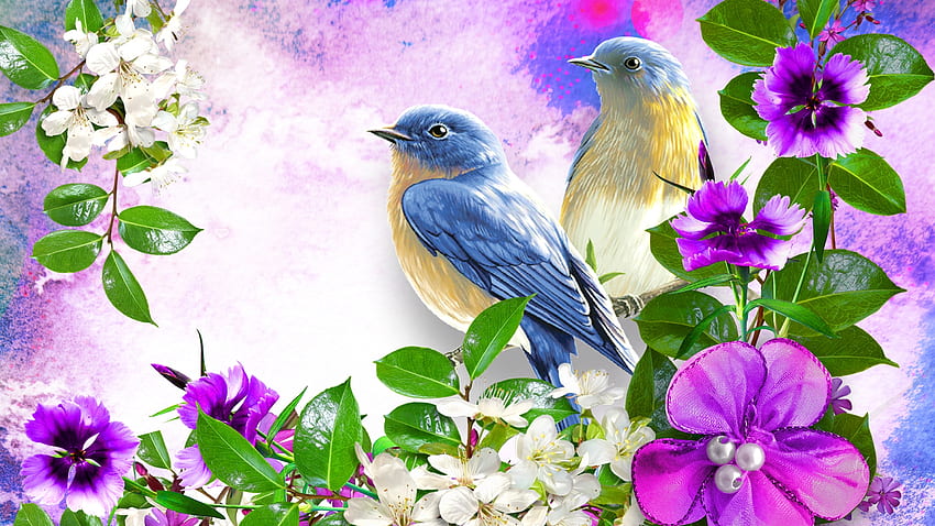 Bright Flowers & Blue Birds, blue, birds, fabric, floral, spring, Firefox Persona theme, summer, leaves, apple blossoms, bright, flowers HD wallpaper