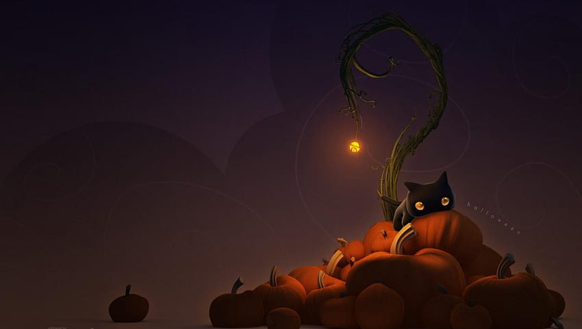 Нощ на Хелоуин, тикви, произведения на изкуството, луна, котка, тъмно HD тапет