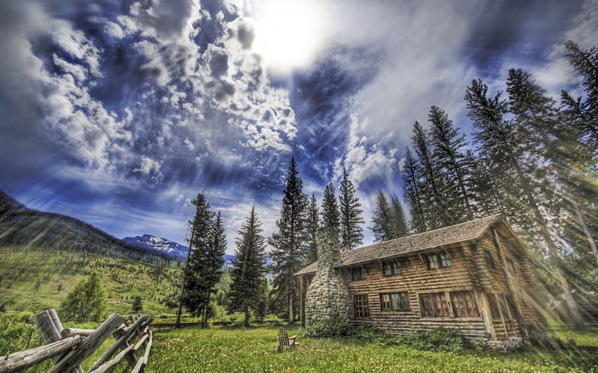 sunbeams over lovely log cabin r, trees, sunbeams, logs, meadow, r, mountains, cabin HD wallpaper