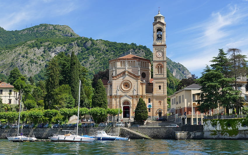 Gereja di tepi Danau Como, Italia, Como, montain, Italia, perahu layar, gereja, danau Wallpaper HD