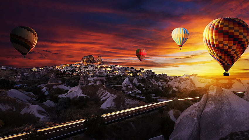 hot air balloons over gÃ¶reme, sunset, sky, clouds, , , background, 96ff93 HD wallpaper