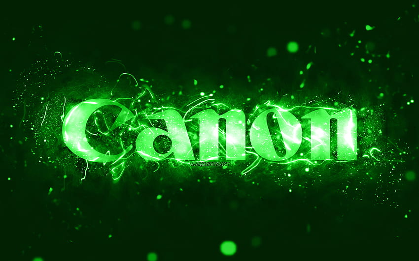 Canon green logo, , green neon lights, creative, green abstract background, Canon logo, brands, Canon HD wallpaper