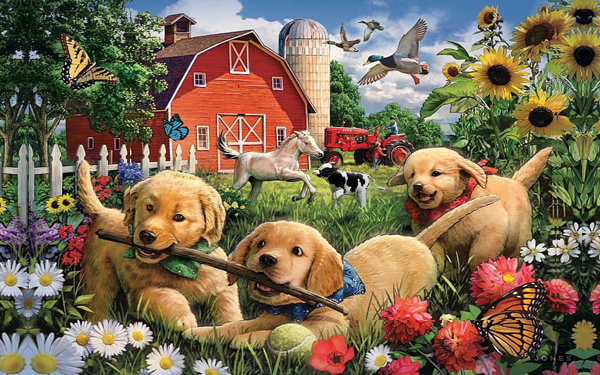 Tre cuccioli che giocano in una fattoria, fienile, cuccioli, cani, carino, fattoria, trattore, primavera, giocoso, estate, girasoli, pittura, oche Sfondo HD