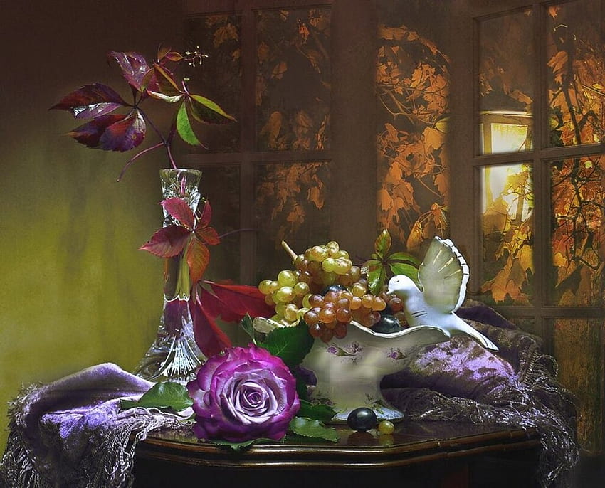 Still life, Vine leaves, Grapes, Autumn, Rose, Flowers HD wallpaper
