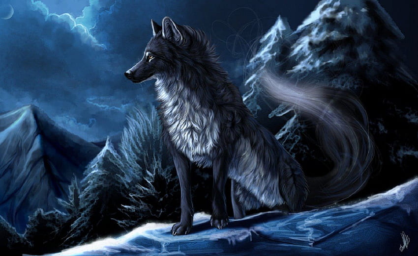 雪の中のオオカミ、アニメ、オオカミ、雪、山 高画質の壁紙