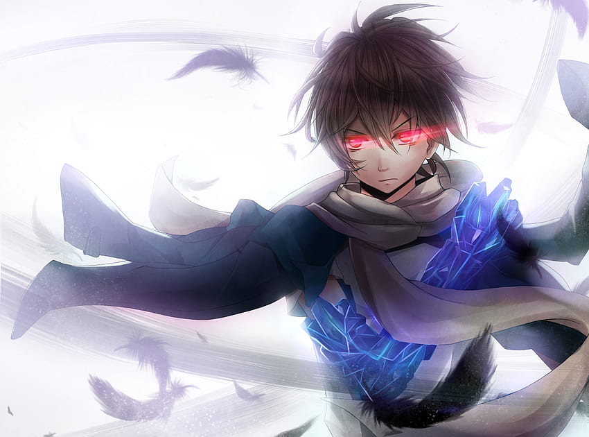 Ouma Shu, ouma shuu, games, feathers, jacket, white background, guilty crown, red eyes, lone, anime, video games, brown hair, crystal arm, scarf, male, solo HD wallpaper