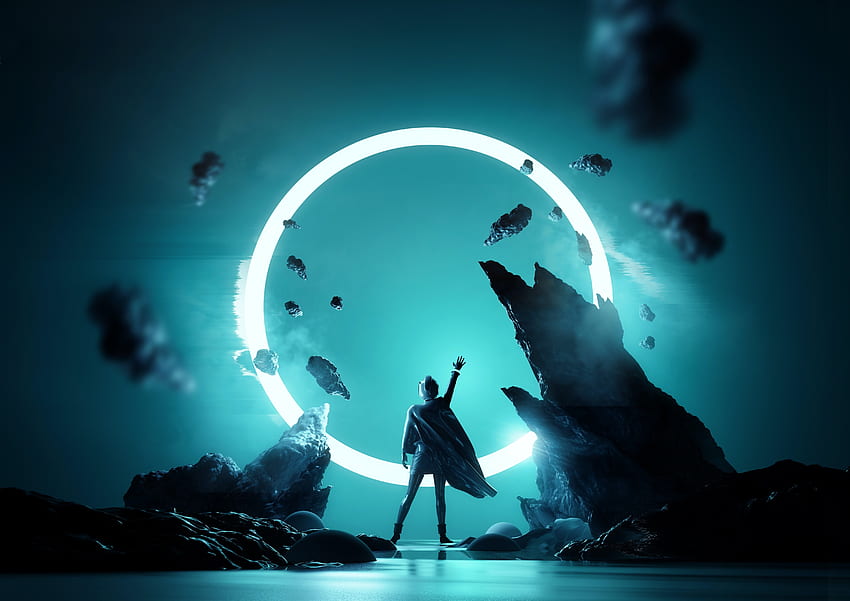 Man at portal, sci-fi, silhouette art HD wallpaper