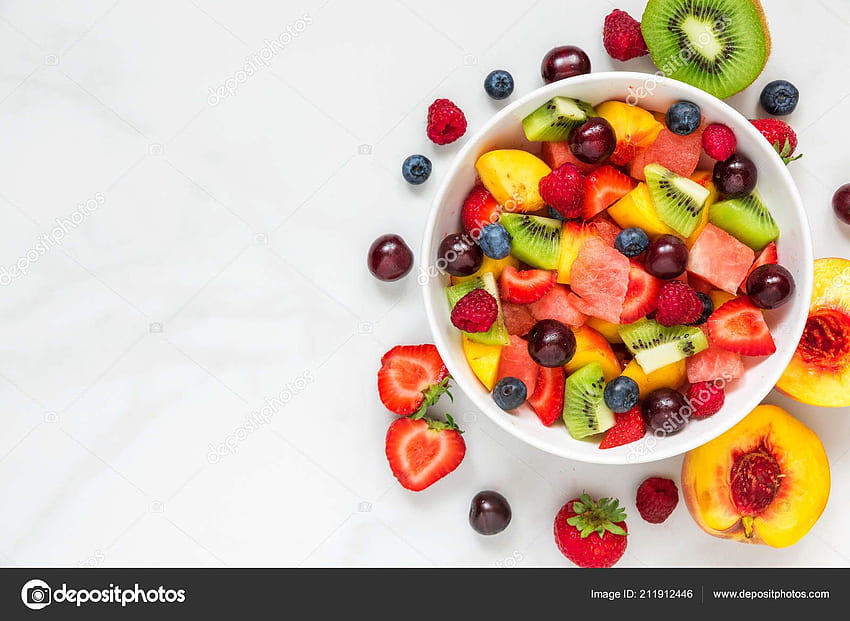 Bol Salade De Fruits Frais Sain Fond Marbre Blanc - Fond De Salade De Fruits - - Fond d'écran HD