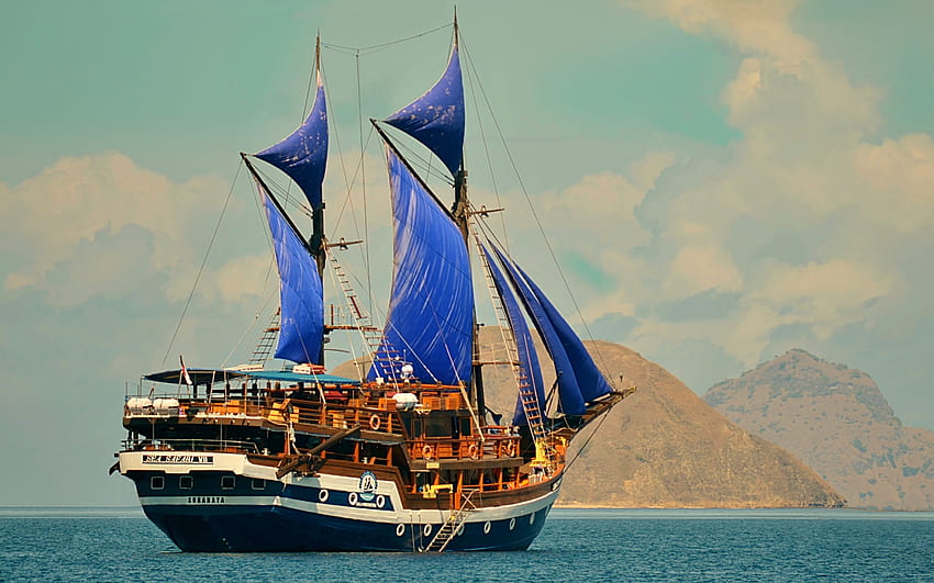 Bali, sailboat, sea, blue sails, romance, Indonesia, travel concepts, beautiful nature HD wallpaper