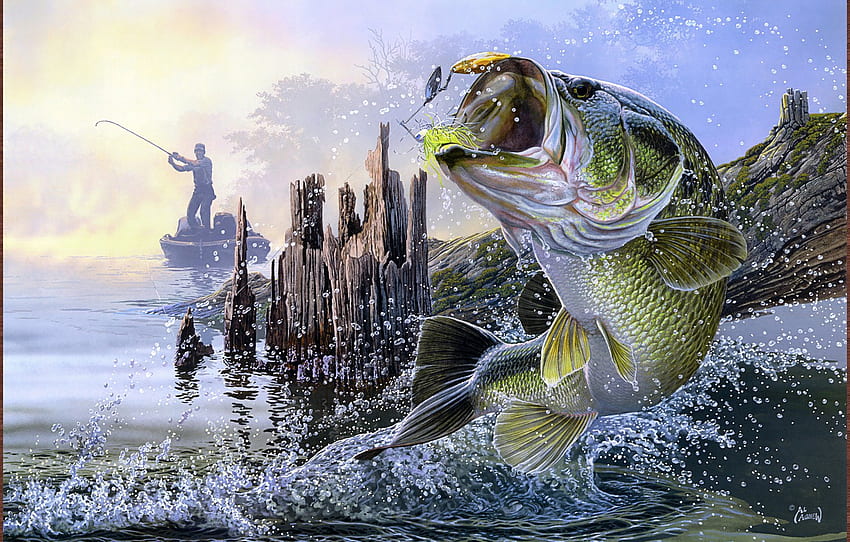 jump, boat, fishing, fish, fisherman, bait, Al Agnew, spinning, Trouble for , section живопись, Fishing Art HD wallpaper