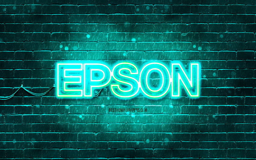 Тюркоазено лого на Epson, , тюркоазени неонови светлини, творчески, тюркоазен абстрактен фон, лого на Epson, марки, Epson HD тапет