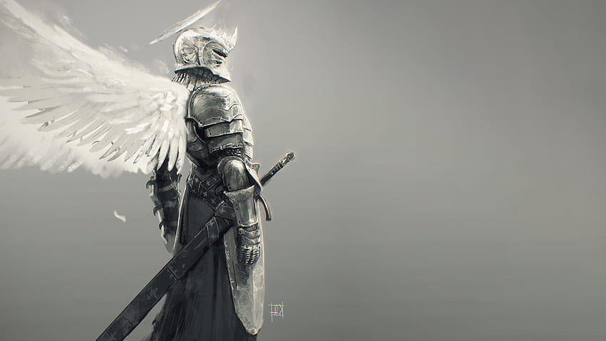фентъзи броня, фентъзи изкуство, меч, рицар, ангелски крила HD тапет