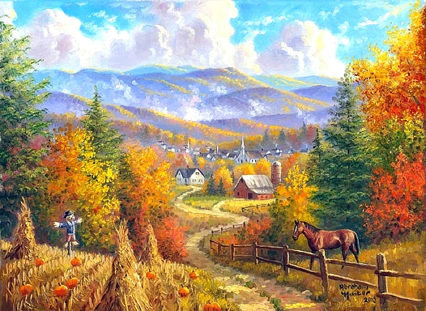 収穫時期、かかし、夢の中のアトラクション、絵画、カボチャ、四季を愛する、馬、田舎、村、畑、秋、自然、収穫、秋の季節、田舎 高画質の壁紙