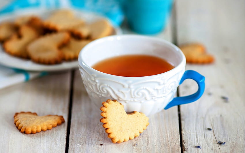 Tea time, blue, sweet, white, tea, cookie, dessert, cup, food, valentine, heart HD wallpaper