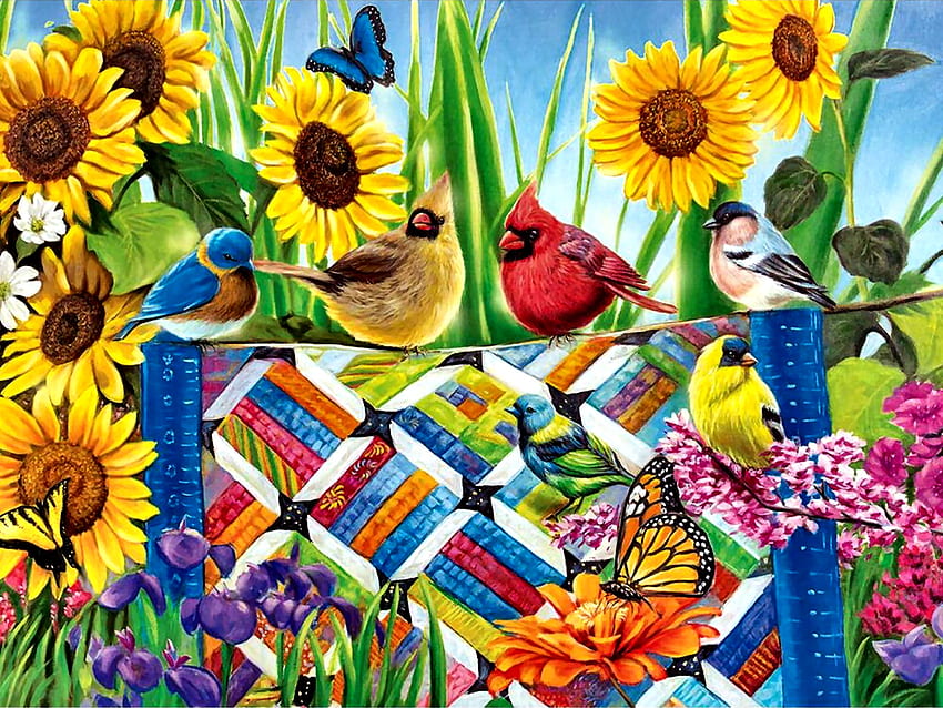 Quilting Bee - Birds FC, 컴퓨터 그래픽, 디자인, 조류, 참새, , 나비, 퀼트, 금방울새, 패턴, 추기경, 예술, 아름다운, 일러스트레이션, 삽화, 와이드 스크린, 파랑새, 질감, 꽃 HD 월페이퍼