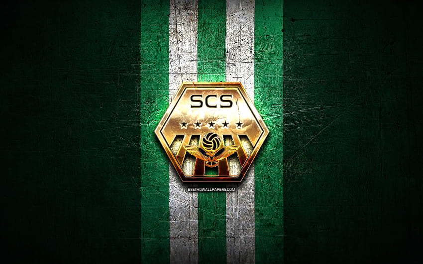 Sagamihara FC, złote logo, J2 League, zielone metalowe tło, piłka nożna, japoński klub piłkarski, logo SC Sagamihara, SC Sagamihara Tapeta HD