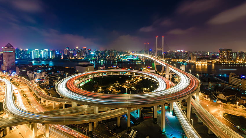 Шанхайски кръгов надлезен мост на нощен пейзаж на Нанпу, китайски HD тапет