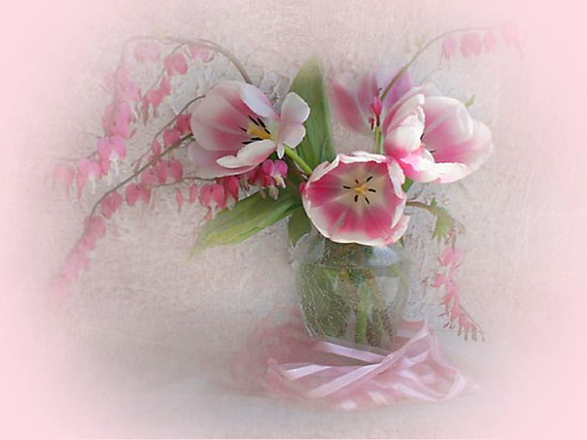 Pink softness, pink, green leaves, pink hue, vase, flowers HD wallpaper