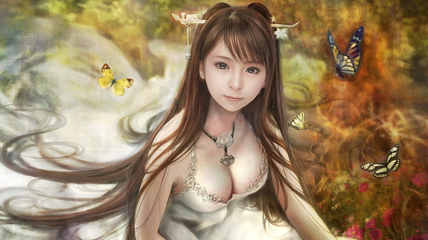 Bride, jewel, bird, fantasy, art, butterfly, autumn, girl, brude, view from the top HD wallpaper