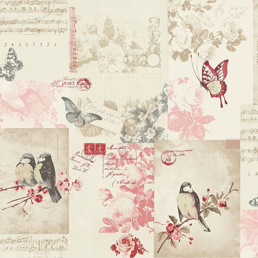Songbird Bird Butterfly Rose Patterned Postcard Cream 11264 HD phone wallpaper