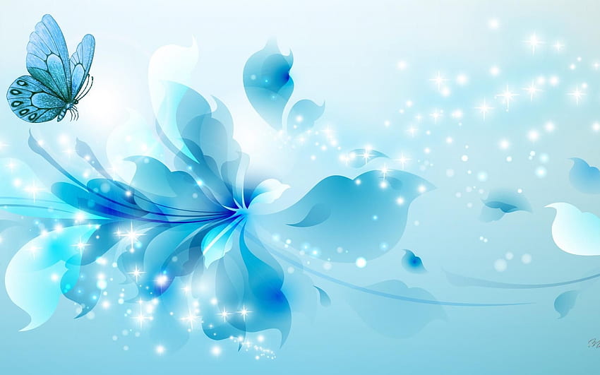 Aqua-Blumen-Schmetterlings-Zusammenfassungs-Funkeln-Cyan HD-Hintergrundbild