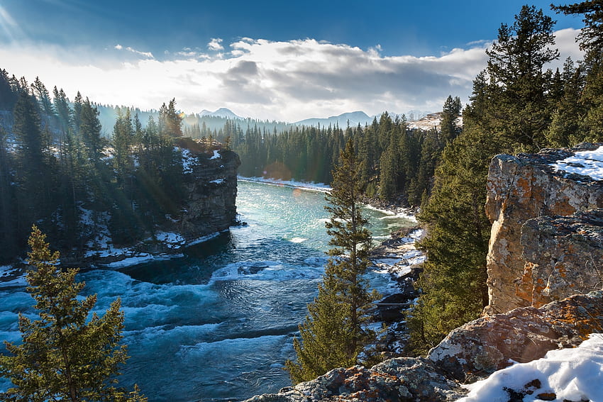 Winter, Nature, Trees, Mountains, Rocks, Canada, Bow River, Albert, Alberta HD wallpaper