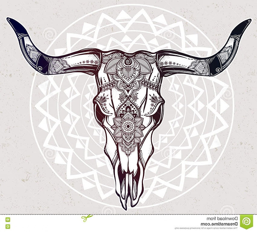 Schöne indische Stierschädel-Tätowierungs-Hand gezeichnetes romantisches - Longhorn HD-Hintergrundbild