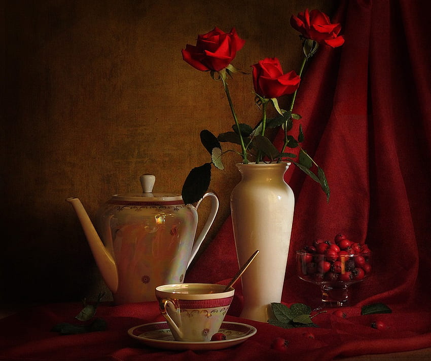 ~NOSTALGIC~, nostalgic, tea, roses, red, vase, romantic, cup HD wallpaper