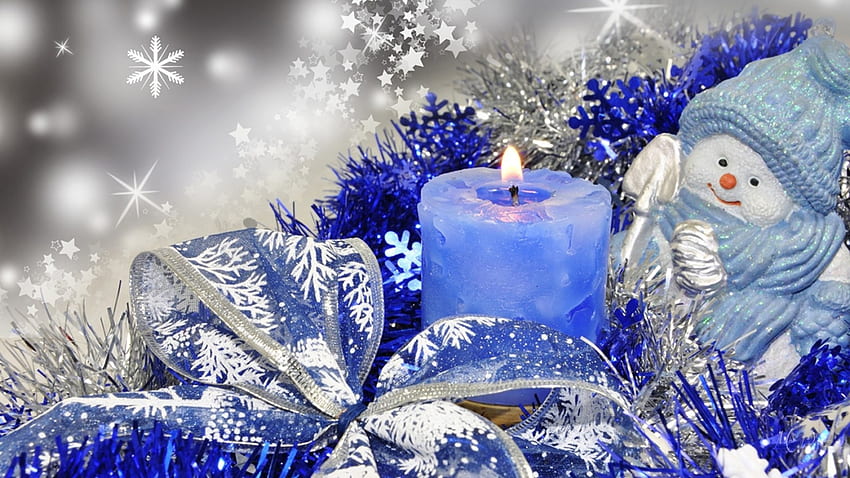 Snowman in Blue, Feliz Navidad, リボン, 炎, Firefox Persona テーマ, 雪だるま, クリスマス, ろうそく, 光, きらめき, 輝き 高画質の壁紙