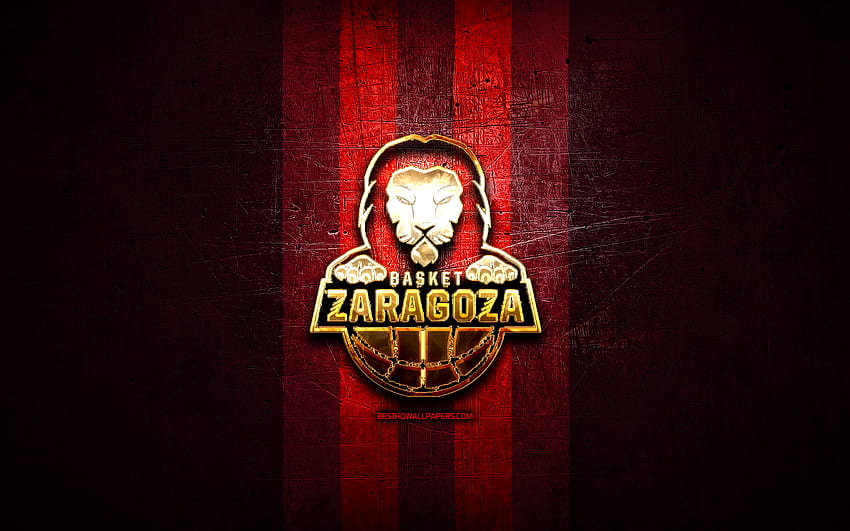 Basket Zaragoza, złote logo, ACB, czerwone metalowe tło, hiszpańska drużyna koszykówki, logo Basket Zaragoza, koszykówka, Basket Zaragoza 2002 SAD Tapeta HD