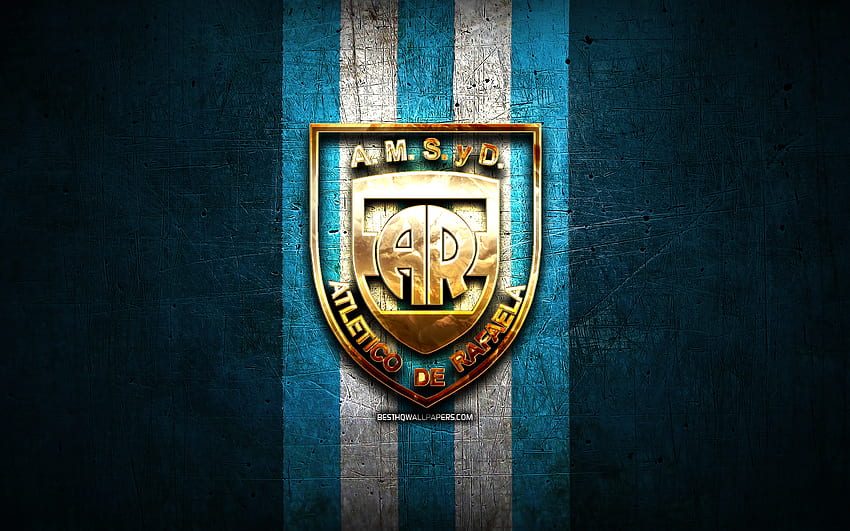 Atletico de Rafaela FC, złote logo, Primera Nacional, niebieskie metalowe tło, piłka nożna, argentyński klub piłkarski, logo Atletico de Rafaela, piłka nożna, Atletico de Rafaela, Argentyna, AMSyD Atletico de Rafaela Tapeta HD