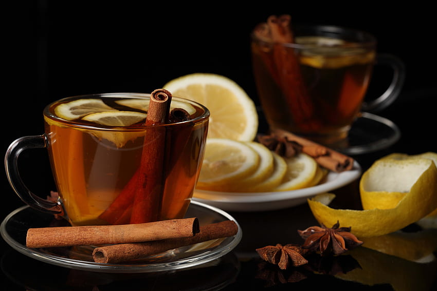 Food, Cinnamon, Cup, Lemon, Black Background, Tea HD wallpaper