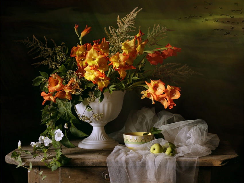 Gladiolas, still life, delicate, flowers, arrangement, harmony HD wallpaper