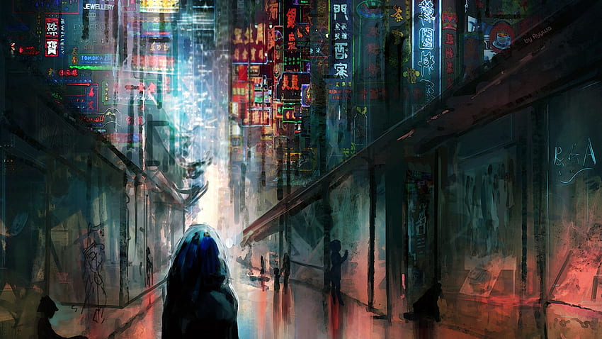Anime Cyberpunk Scifi City Lights Night Buildings, futuristischer Anime HD-Hintergrundbild