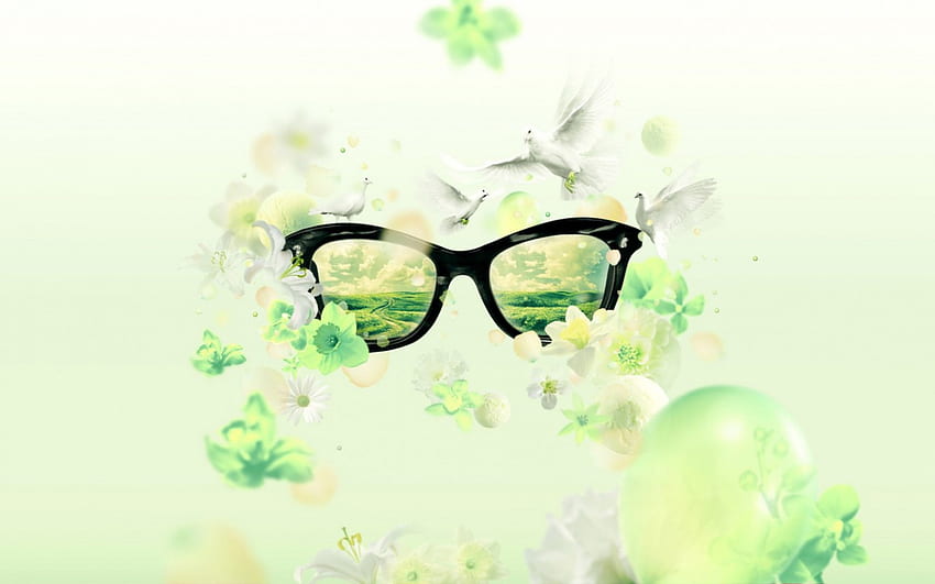 Spring fever, egg, white, black, dove, bird, flower, green, glasses, easter HD wallpaper