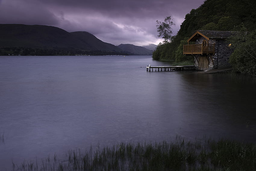 boathouse, nature, lake, evening HD wallpaper