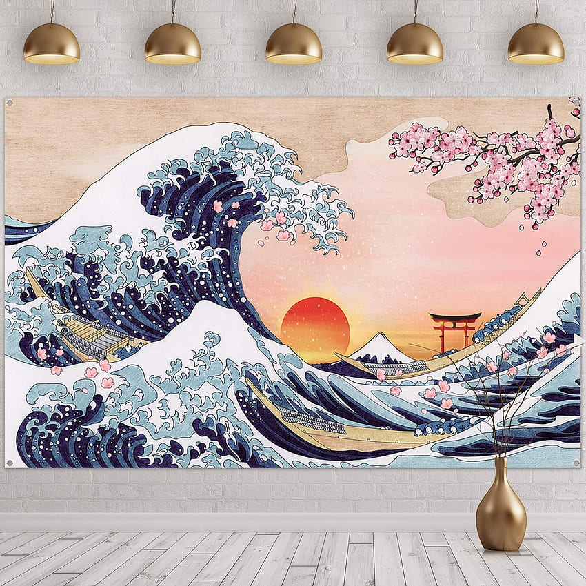 Great Wave Wall Hanging Ocean Wave Banner Japanese Kanagawa Backdrop Sunset Cherry Blossom Art Nature Background for Japanese Party Wall Home Decorations, 72.8 x 43.3 Inch: Everything Else HD phone wallpaper