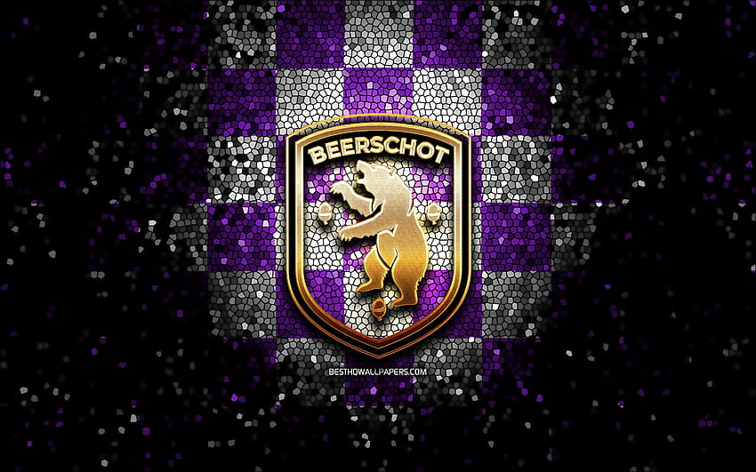 K Beerschot VA、キラキラのロゴ、ジュピラー プロ リーグ、紫の白い市松模様の背景、サッカー、ベルギーのサッカー クラブ、K Beerschot VA ロゴ、モザイク アート、サッカー、Beerschot FC 高画質の壁紙