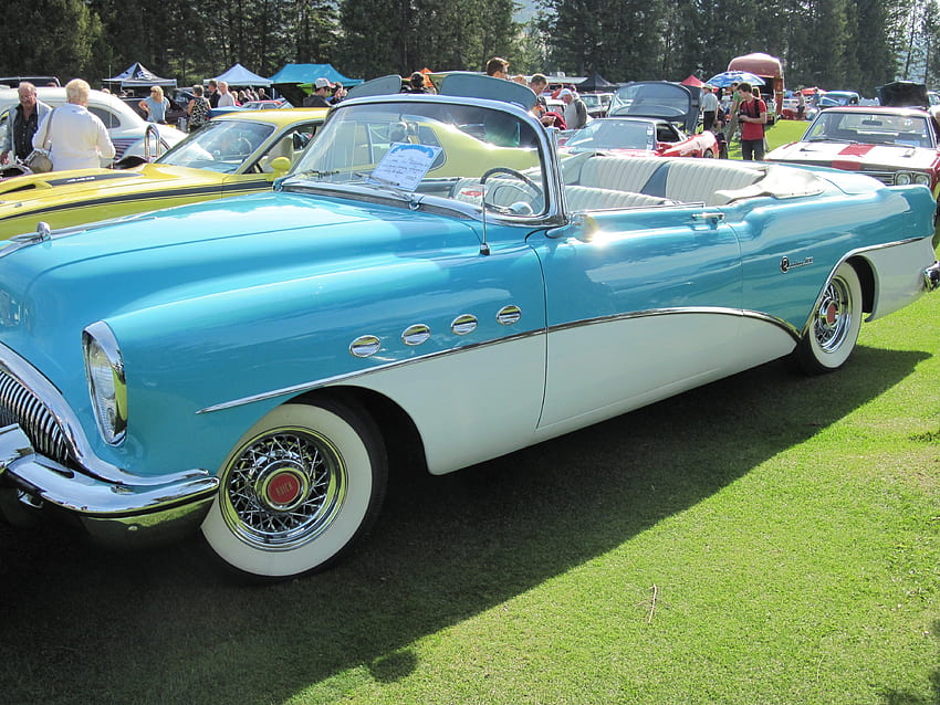 1952 Buick, bleu, blanc, graphie, noir, Buick, herbe, Phares, vert, pneus Fond d'écran HD