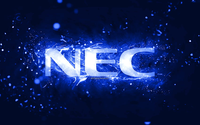 NEC dark blue logo, , dark blue neon lights, creative, dark blue abstract background, NEC logo, brands, NEC HD wallpaper