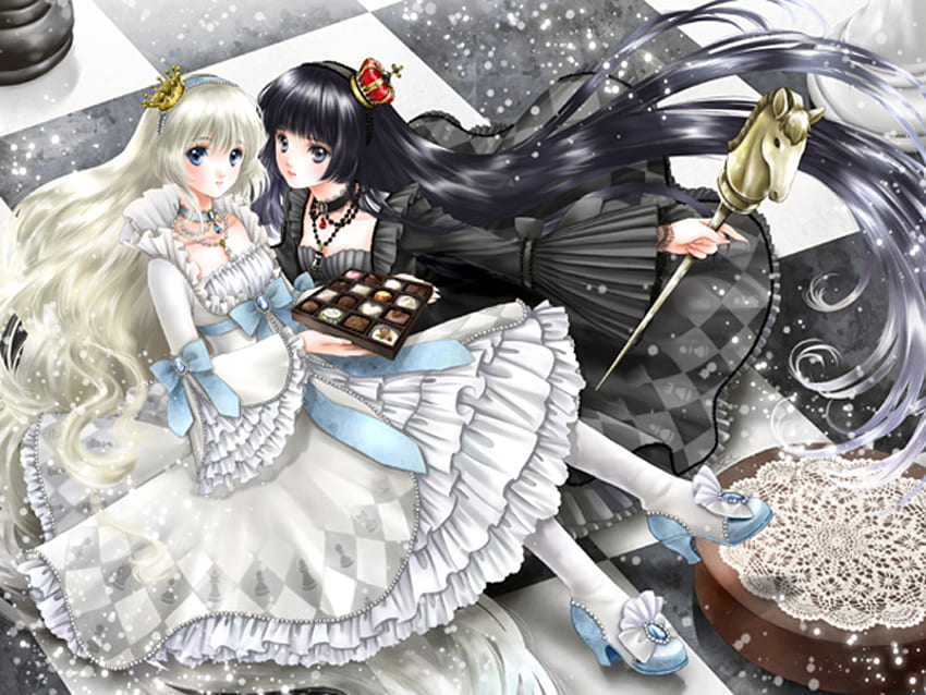 Black & White Queen, cute, necklace, jewelry, crown, black dress, wide sleeves, chess, female, bow, checkered, checkered floor, sweet, two girls, black and white queen, lolita fashion, high heels, chocolate, multiple girls, anime girl, frilled sleeves, white dress, choker, queen HD wallpaper