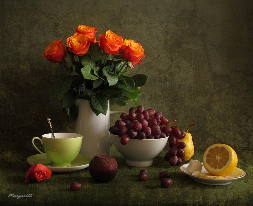 Friut and flowers, grapes, lemon, plum, orange roses, saucer, white, sugar cube, roses, vase, beautiful, fruits, cup, leaves, green, yellow, flowers, tabecloth, bowl HD wallpaper