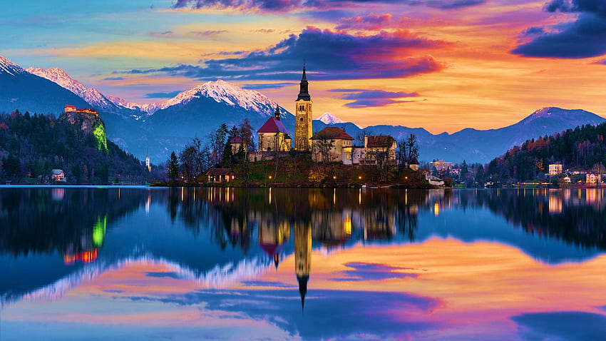 Lago Bled, Eslovênia, ilha, nuvens, juliana, céu, igreja, montanhas, Alpes, pôr do sol, paisagem papel de parede HD