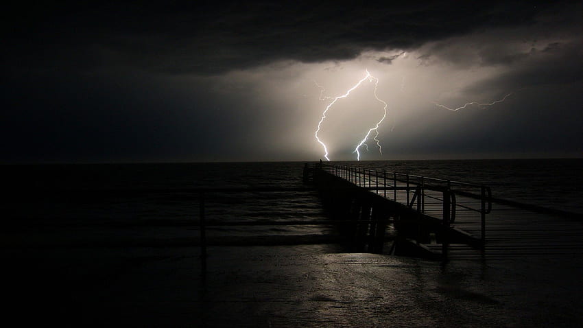 ocean, dark, storm, weather, Piers, lightning, Dark Thunderstorm HD wallpaper