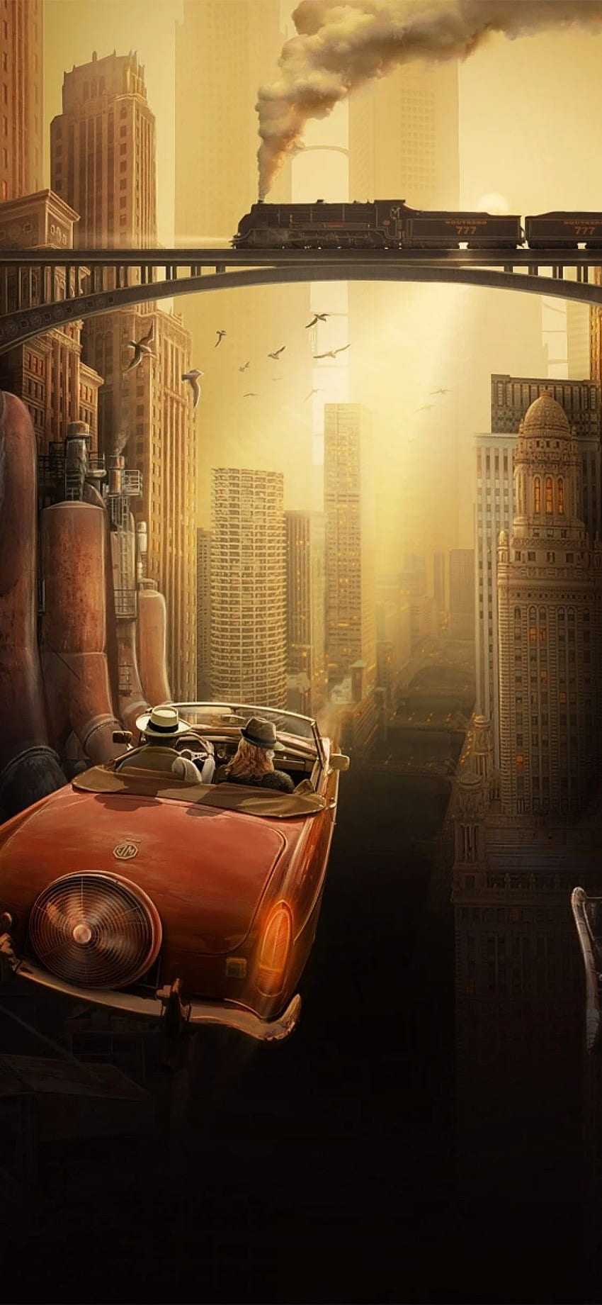 Steampunk, città futuristica, macchina volante, retrò, treno per iPhone 11 Pro e X Sfondo del telefono HD
