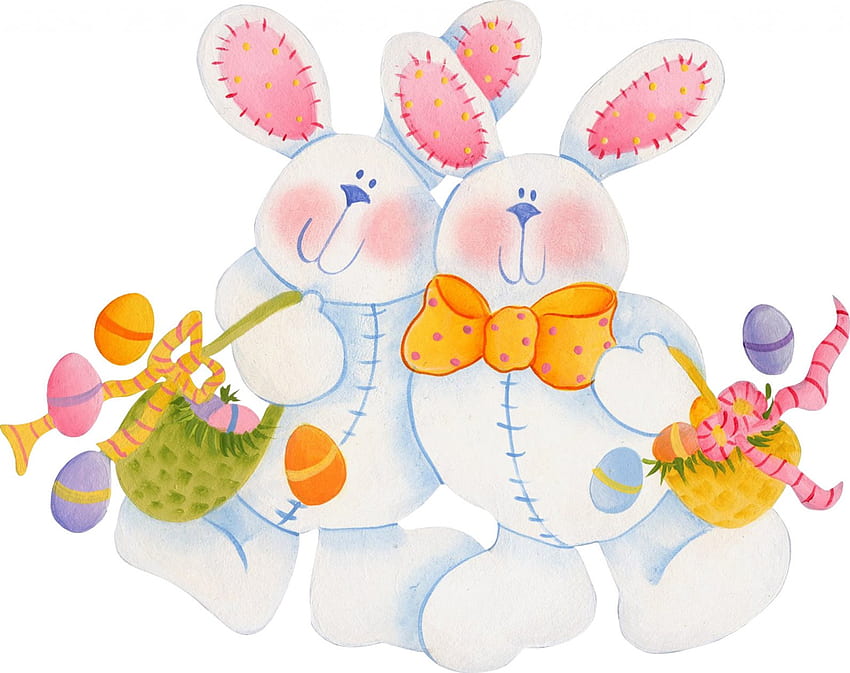 Easter Bunnies, bunnies, Easter eggs, Easter, rabbits, ribbons, bows, baskets, eggs HD wallpaper