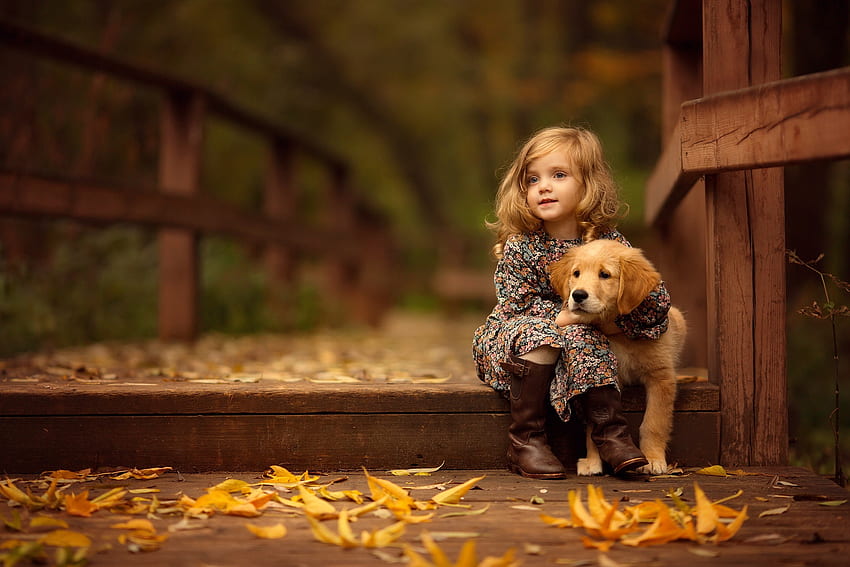Autumn love, dog, sweet, fall, cute, girl, leaves, puppy, love, bridge, autumn, pet, joy, foliage HD wallpaper